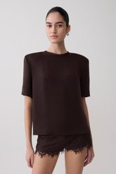 Harlyn Shoulder Pad Short Sleeve Satin Top - Dark Chocolate