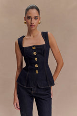 Neve Sleeveless Buttoned Denim Top - Washed Indigo Blue