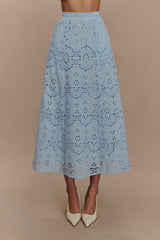 Arla Broderie Midi Skirt - Pale Cornflower Blue