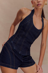 Meadow Denim Corset Halter Top - Indigo Blue