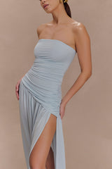 Bex Strapless Slinky Maxi Dress With Split - Pale Blue