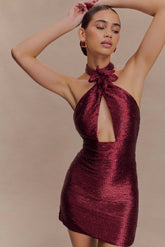 Nylah Beaded Halter Mini Dress - Burgundy