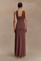 Lottie Slinky Maxi Dress With Split - Chocolate