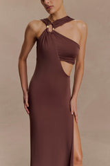 Lottie Slinky Maxi Dress With Split - Chocolate