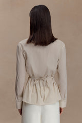 Millie Tie Back Cotton Shirt - Beige Pinstripe