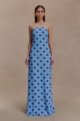 Amaya Strapless Chiffon Maxi Dress - Blue Polka Dot