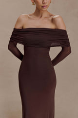 Josie Off Shoulder Mesh Maxi Dress - Dark Brown