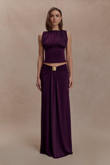 Erina Slinky Ruched Maxi Skirt With Hardware - Aubergine