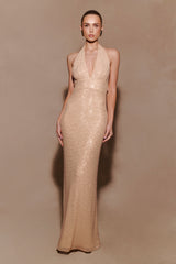 Harriet Halter Neck Diamante Maxi Dress - Sandy Gold