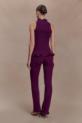 Diya Ribbed High Waisted Pants With Wire Hem - Plum