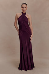 Indira Gathered Slinky Halter Maxi Dress - Mahogany