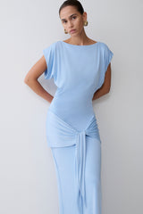 Maiara Shortsleeve Slinky Tie Maxi Dress - Sea Blue