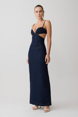 Amila Denim Cupped Maxi Dress - Indigo Blue