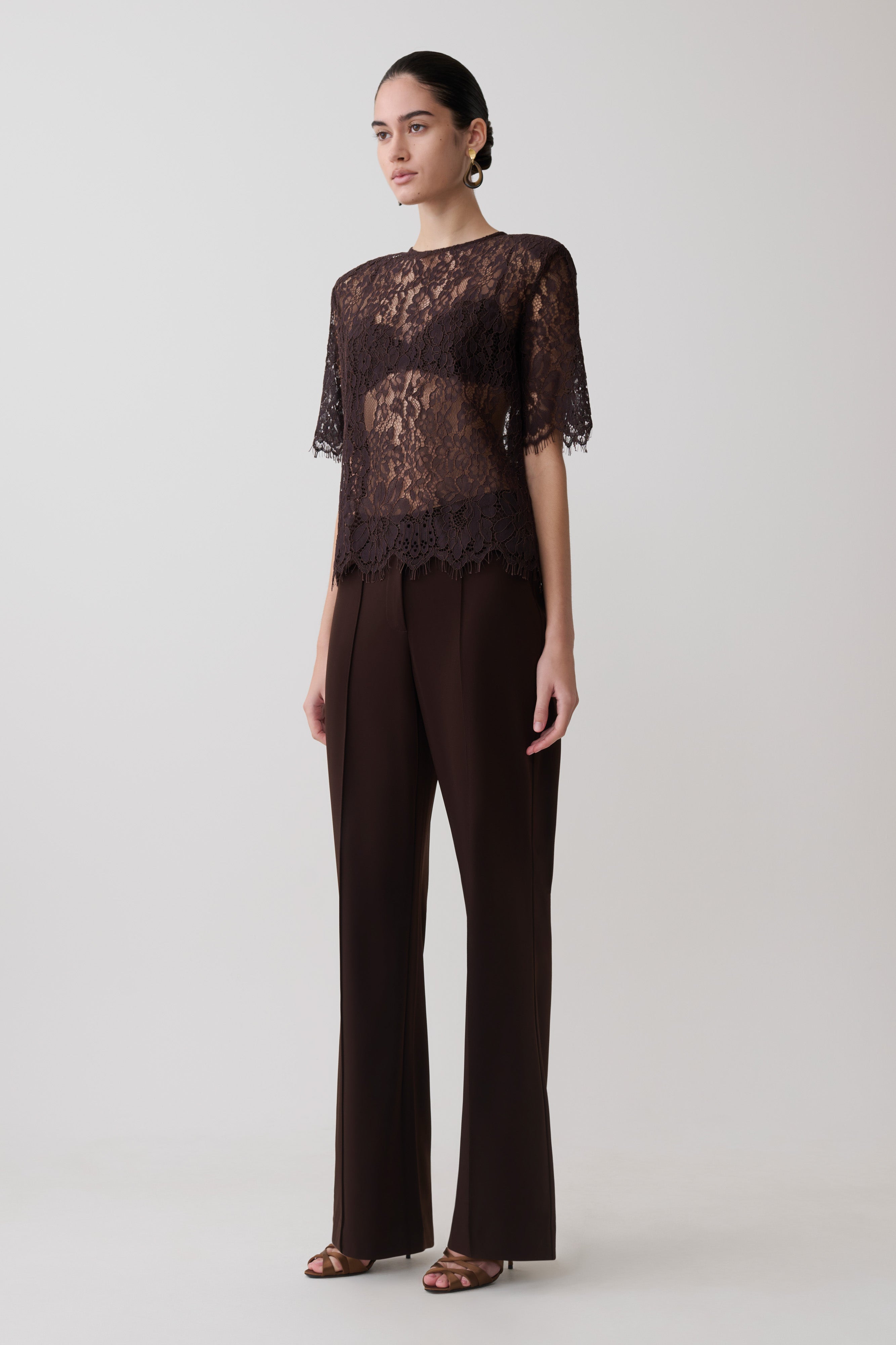 Harlyn Shoulder Pad Short Sleeve Lace Top - Dark Chocolate