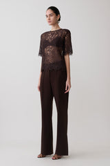 Harlyn Shoulder Pad Short Sleeve Lace Top - Dark Chocolate