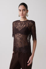 Harlyn Shoulder Pad Short Sleeve Lace Top - Dark Chocolate