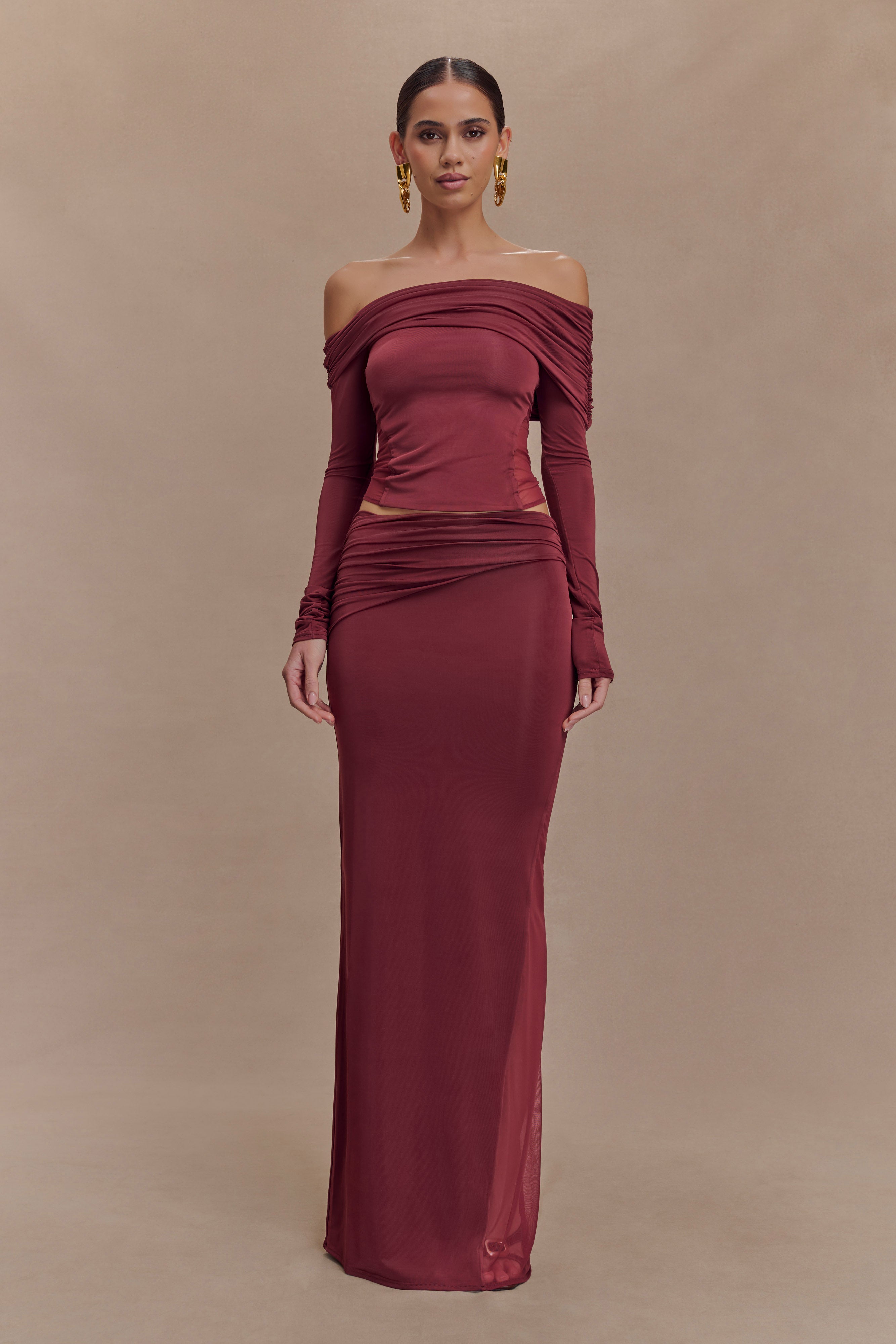 Judy Slinky And Mesh Off Shoulder Top - Wine