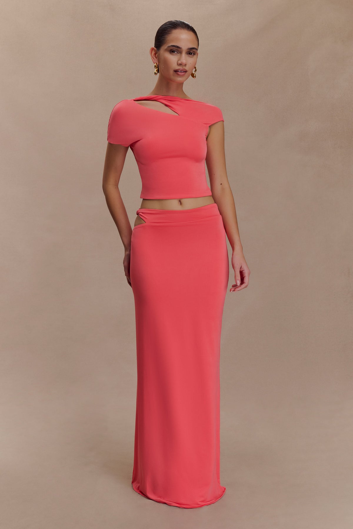 Haven Slinky Twist Midi Skirt - Coral