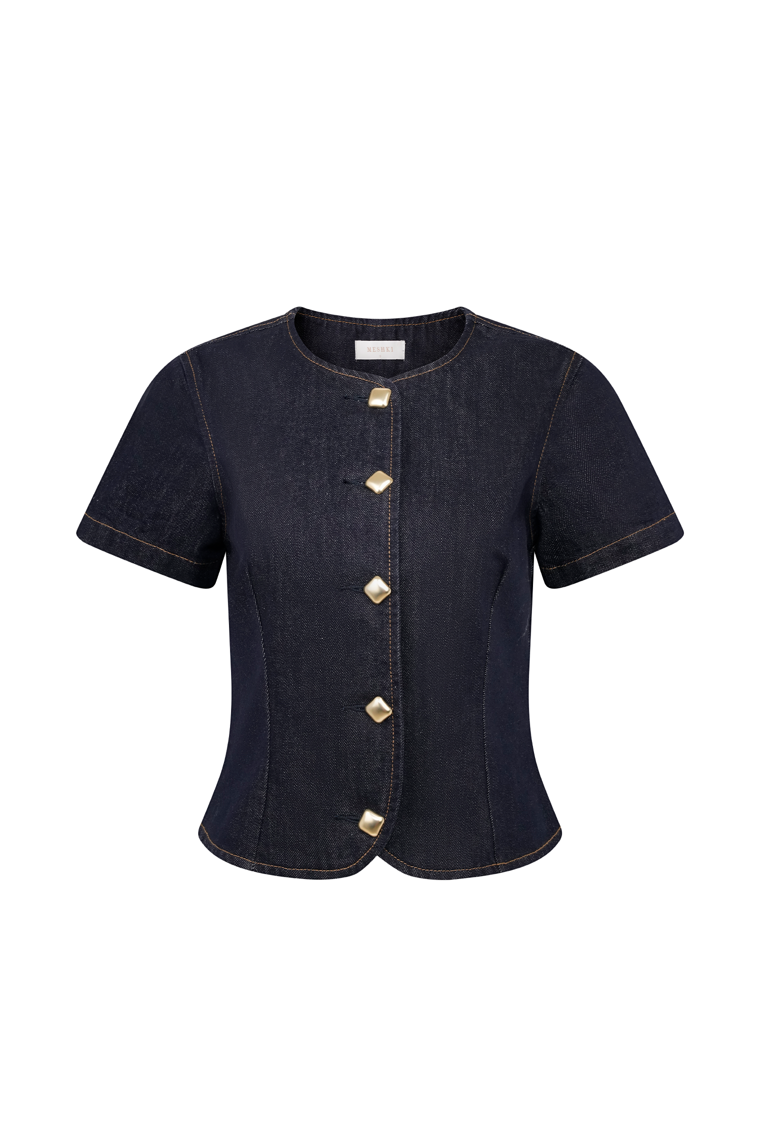 Bethany Short Sleeve Buttoned Denim Top - Washed Indigo Blue